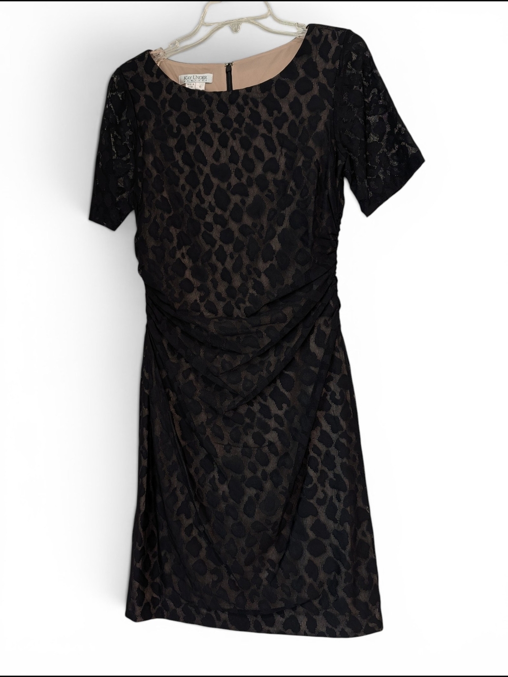 Kay Unger Black and Brown Leopard-Print Short Sleeve Dress